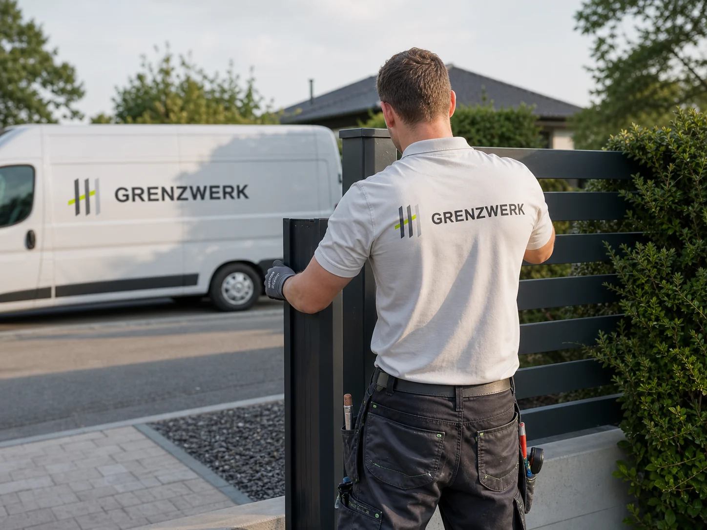 KI-generierte Visualisierung eines GRENZWERK® Mitarbeiters bei der Montage eines modernen Anthrazitzauns; im Hintergrund steht ein GRENZWERK® Transporter